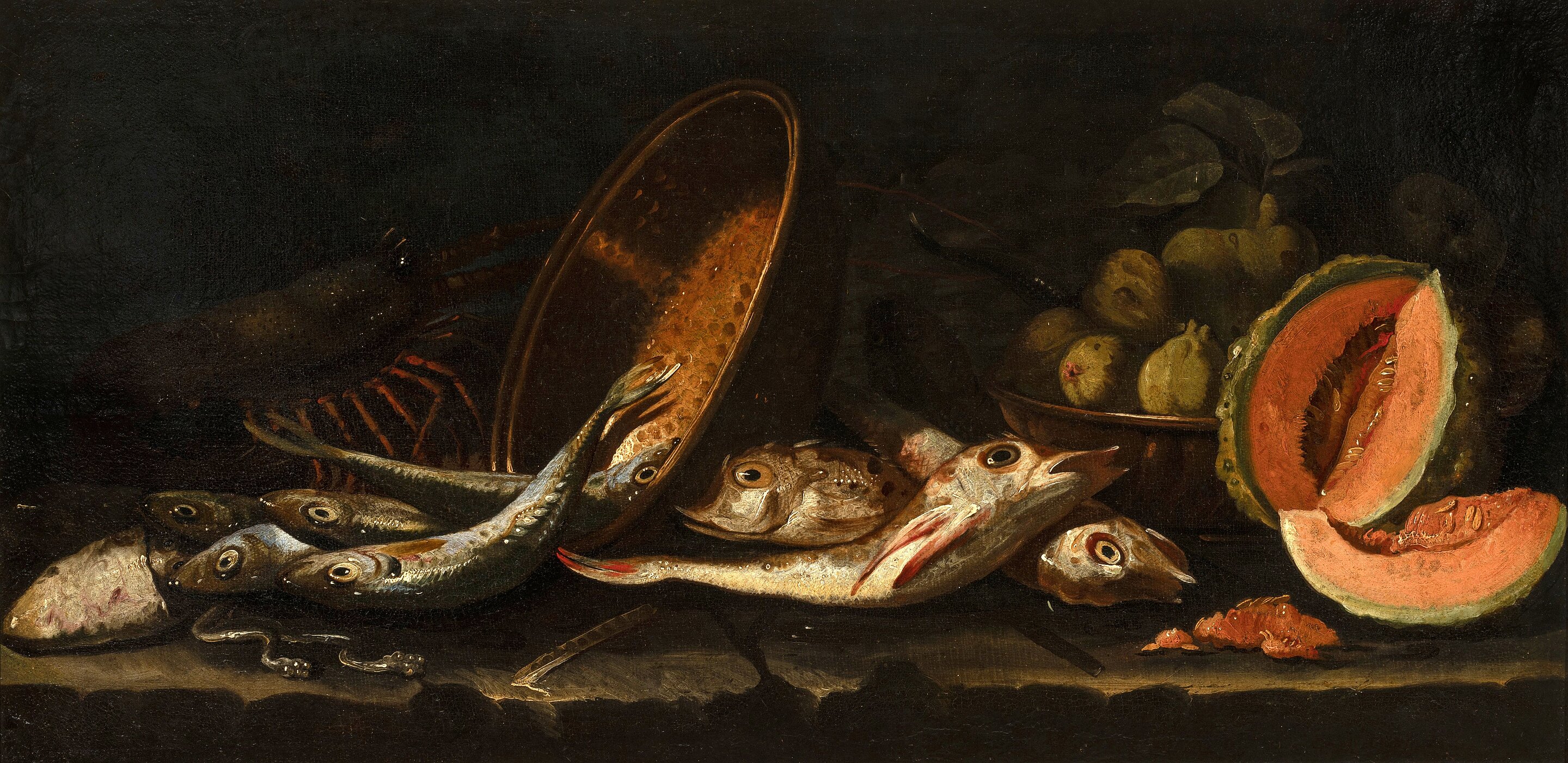 Nature morte : poisson, melon coupé, plat de figues blanches