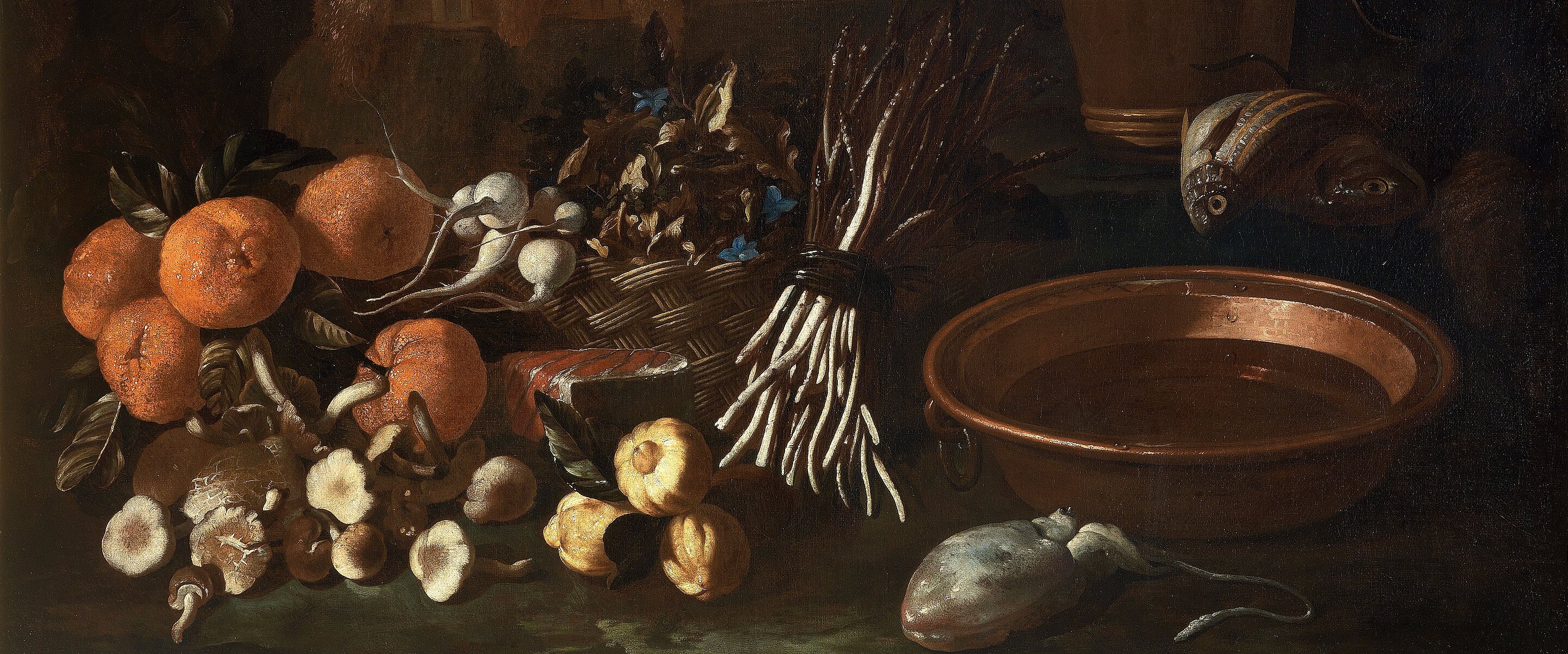 Nature morte aux fruits, aux légumes, aux poissons, aux coquilles Saint-Jacques et à la vaisselle de cuivre (détail)