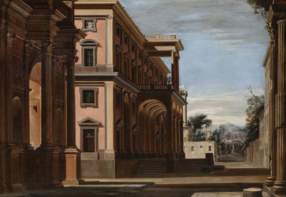Vue perspective de l'extérieur d'un palais