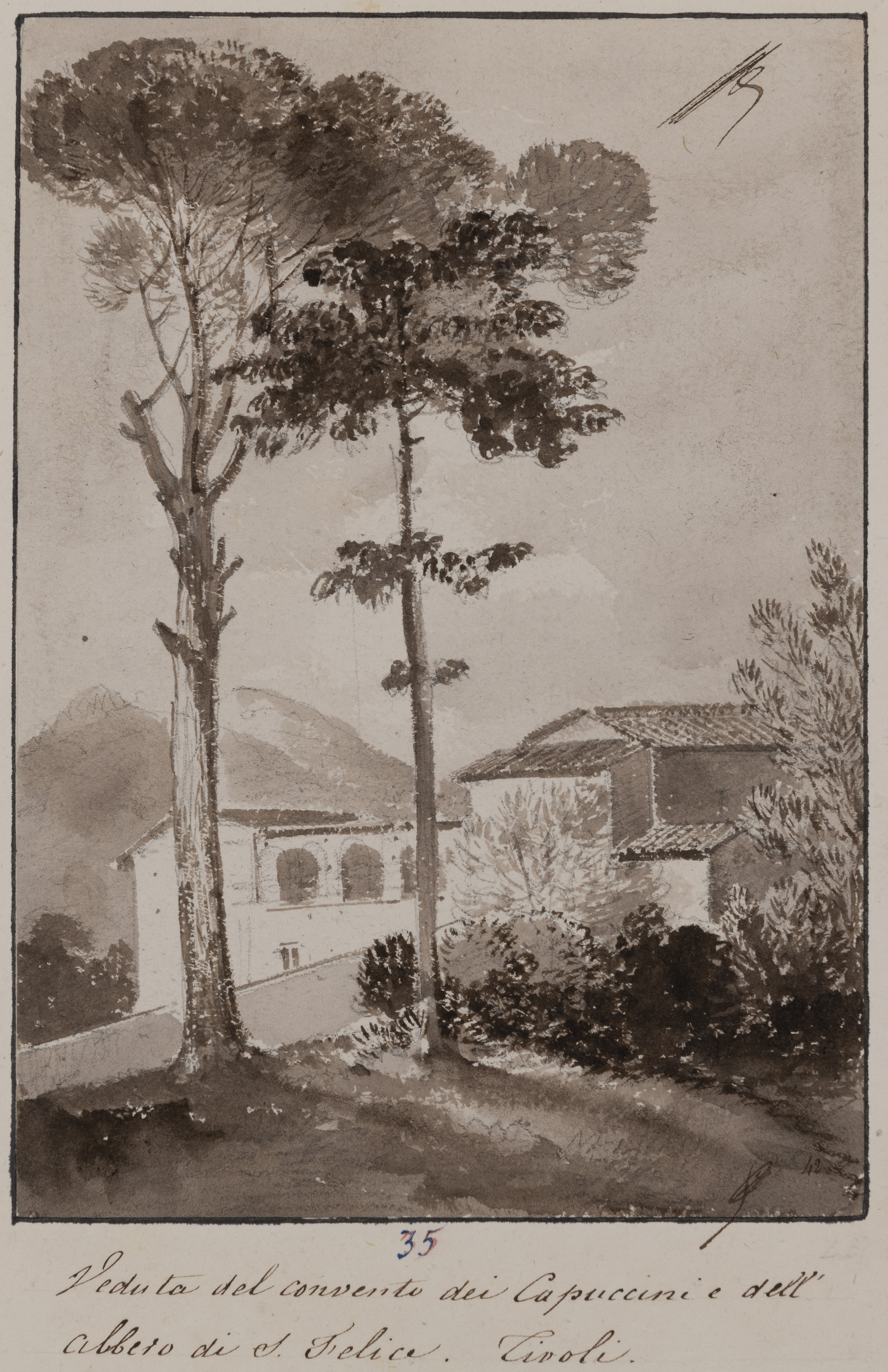 Vue du monastère des Capucins et de l'arbre de San Felice à Tivoli